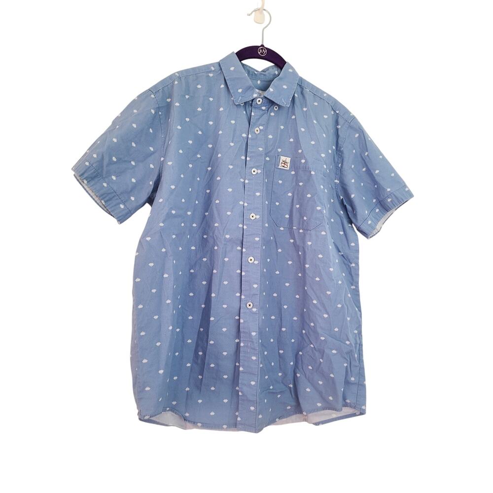 Low Tide Men’s Button Down Shirt Large Blue White Print Short Sleeve Casual